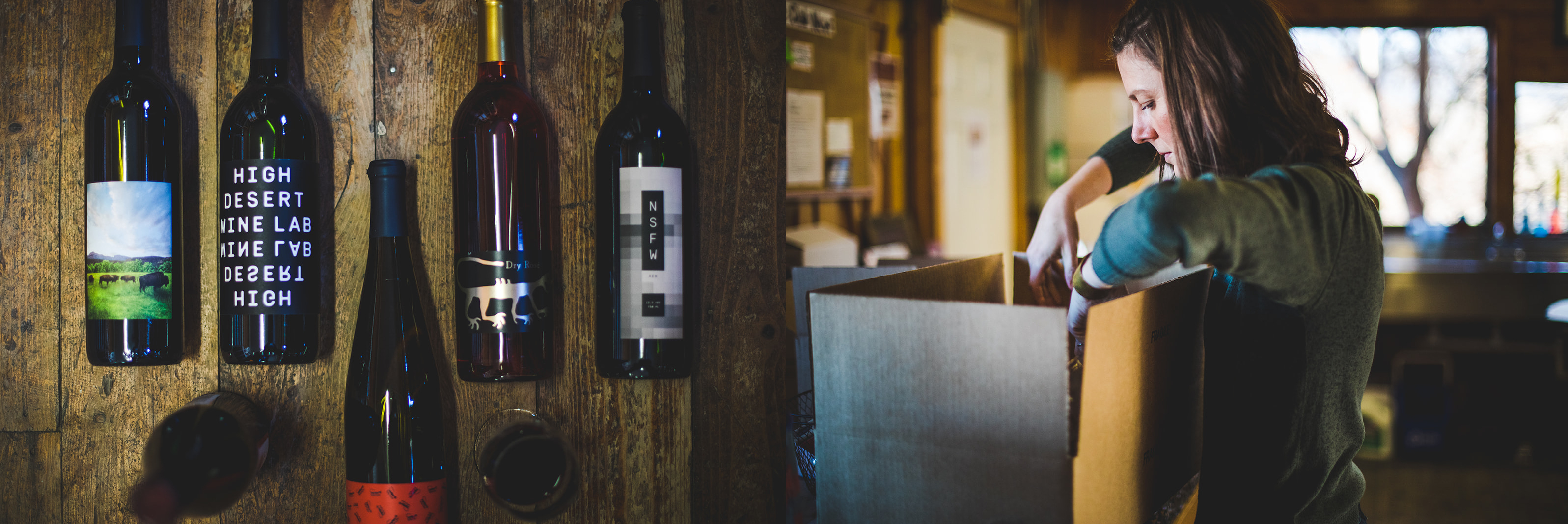 Assortment of wines; Cailin Portra packing a shipment